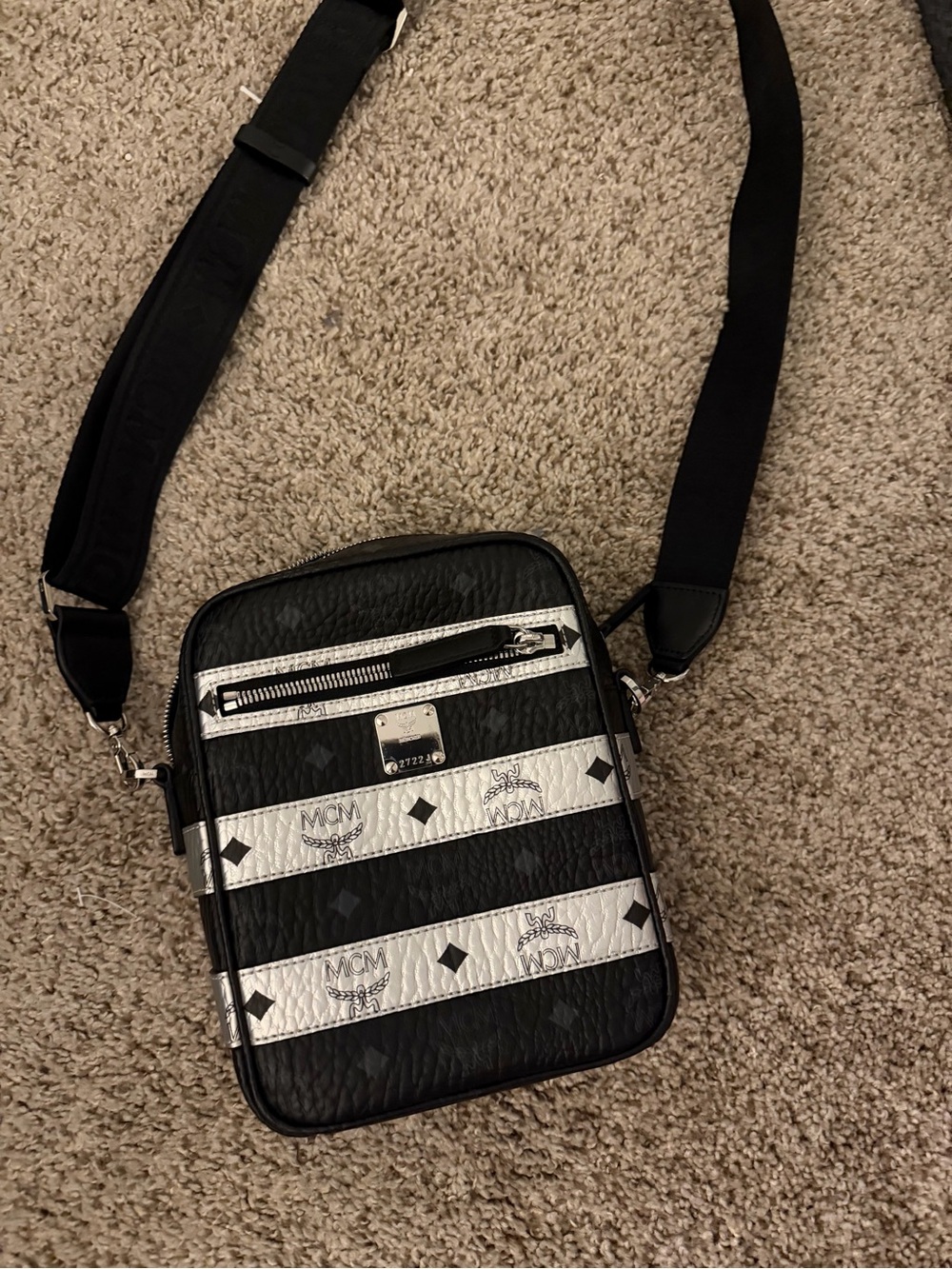 MCM Black & White Striped Crossbody Belt Bag